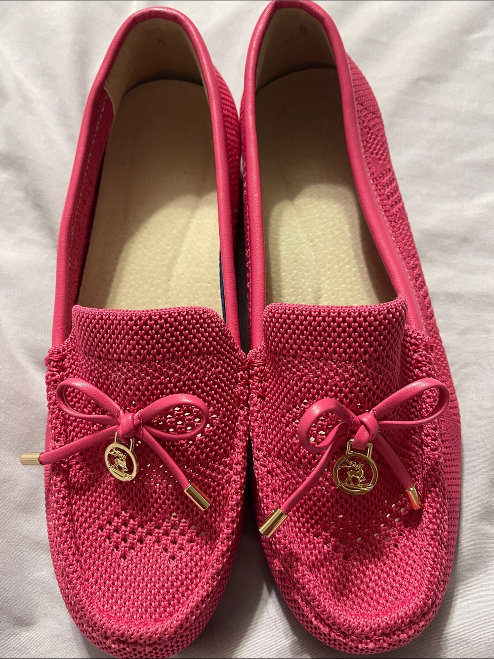 Knit Slip-On Loafers in Bright Pink with Gold Charm